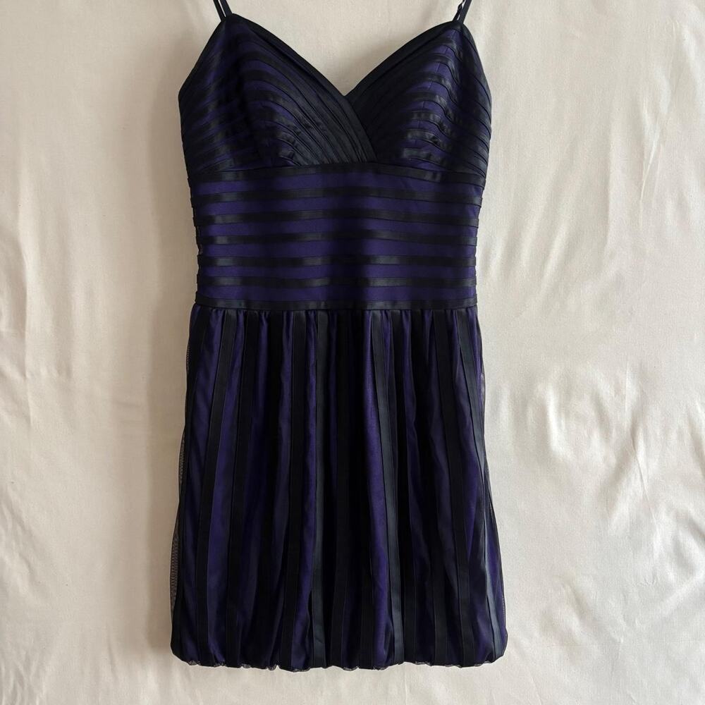 Y2K Sue Wong Purple Black Pleated Ribbon Mini Party Evening Dress - Size 4
